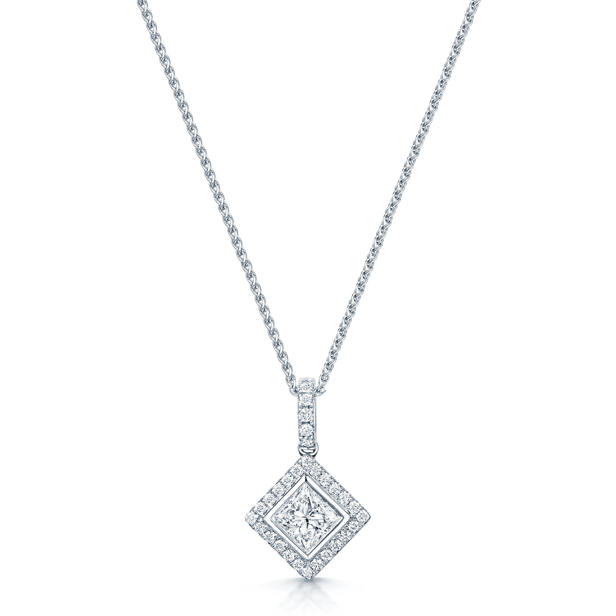18ct White Gold Princess Cut Diamond Rub Over Halo Cluster Pendant With A Diamond Bale