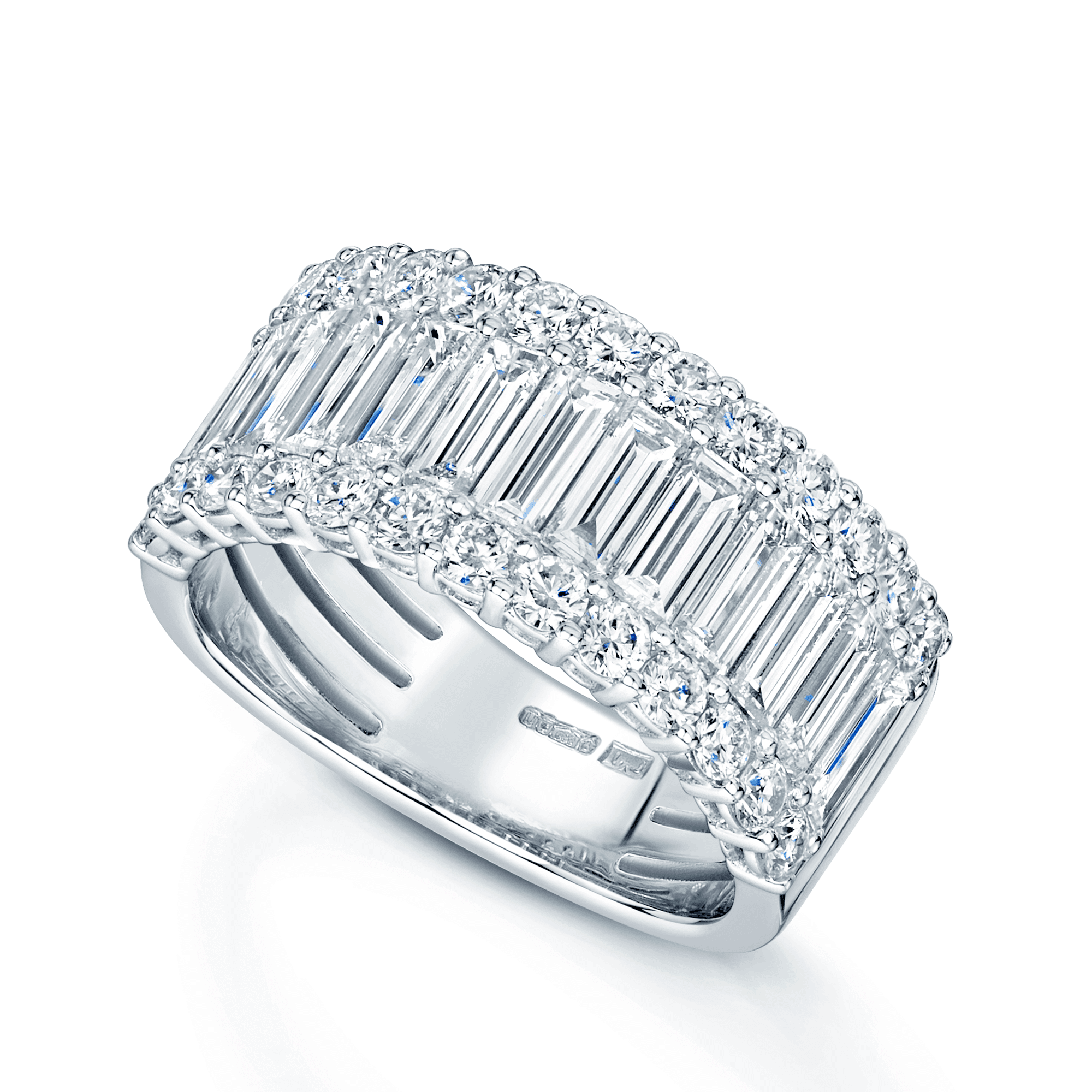 Platinum Baguette And Round Brilliant Cut Diamond Three Row Fancy Wide Dress Ring