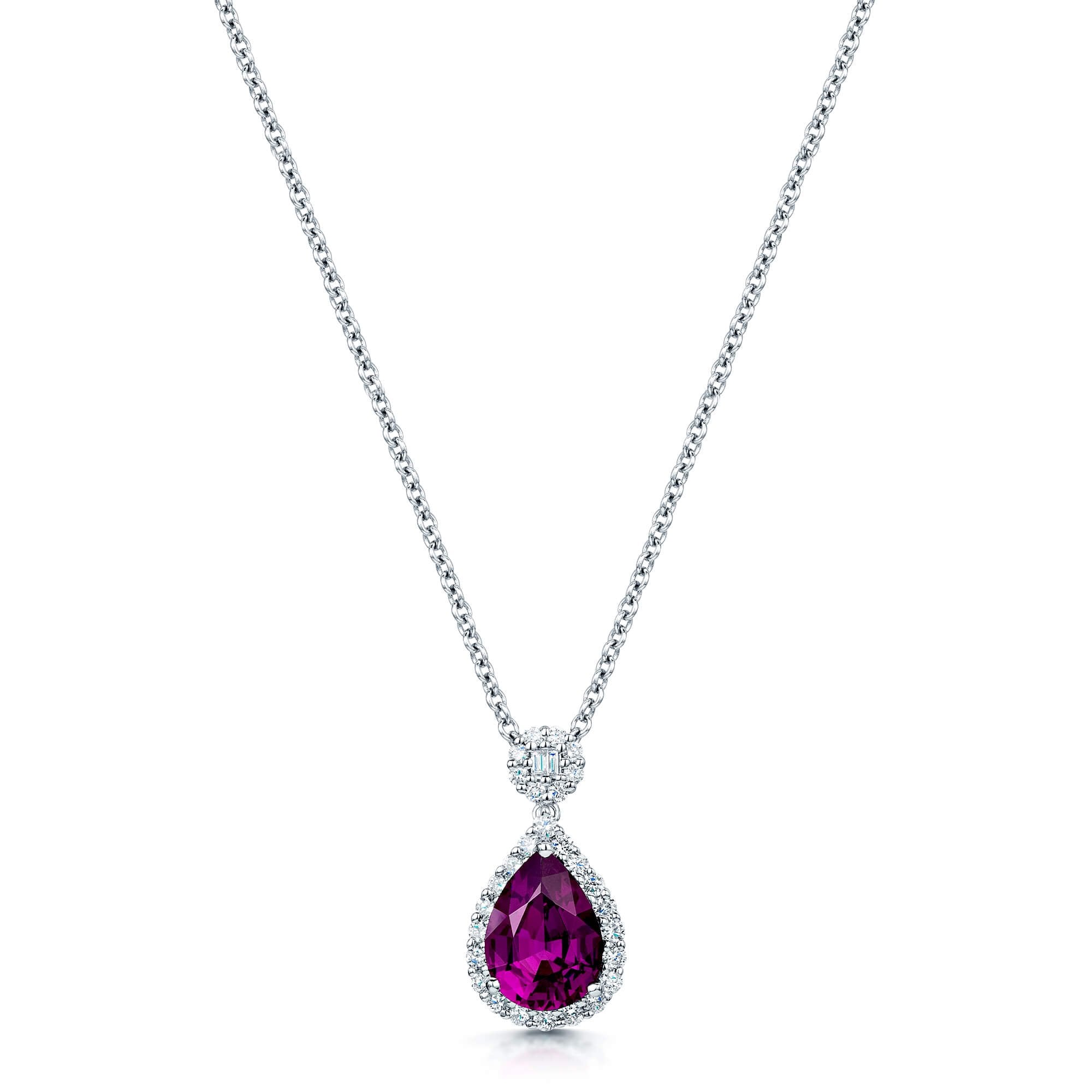 18ct White Gold Pear Shape Rhodolite Garnet And Diamond Halo Pendant With A Diamond Cluster