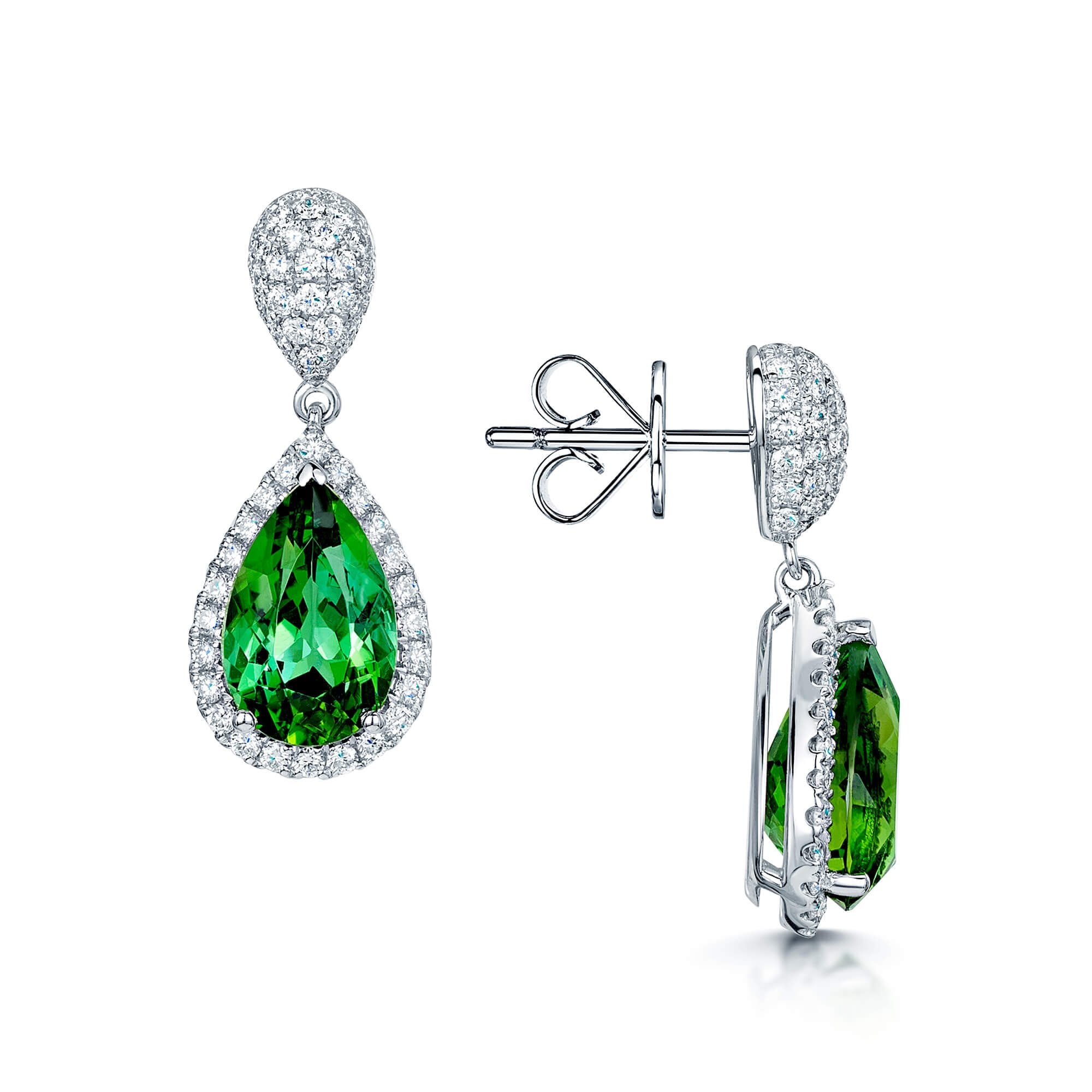 18ct White Gold Pear Green Tourmaline And Diamond Halo Drop Earrings With A Pave Pear shaped Stud