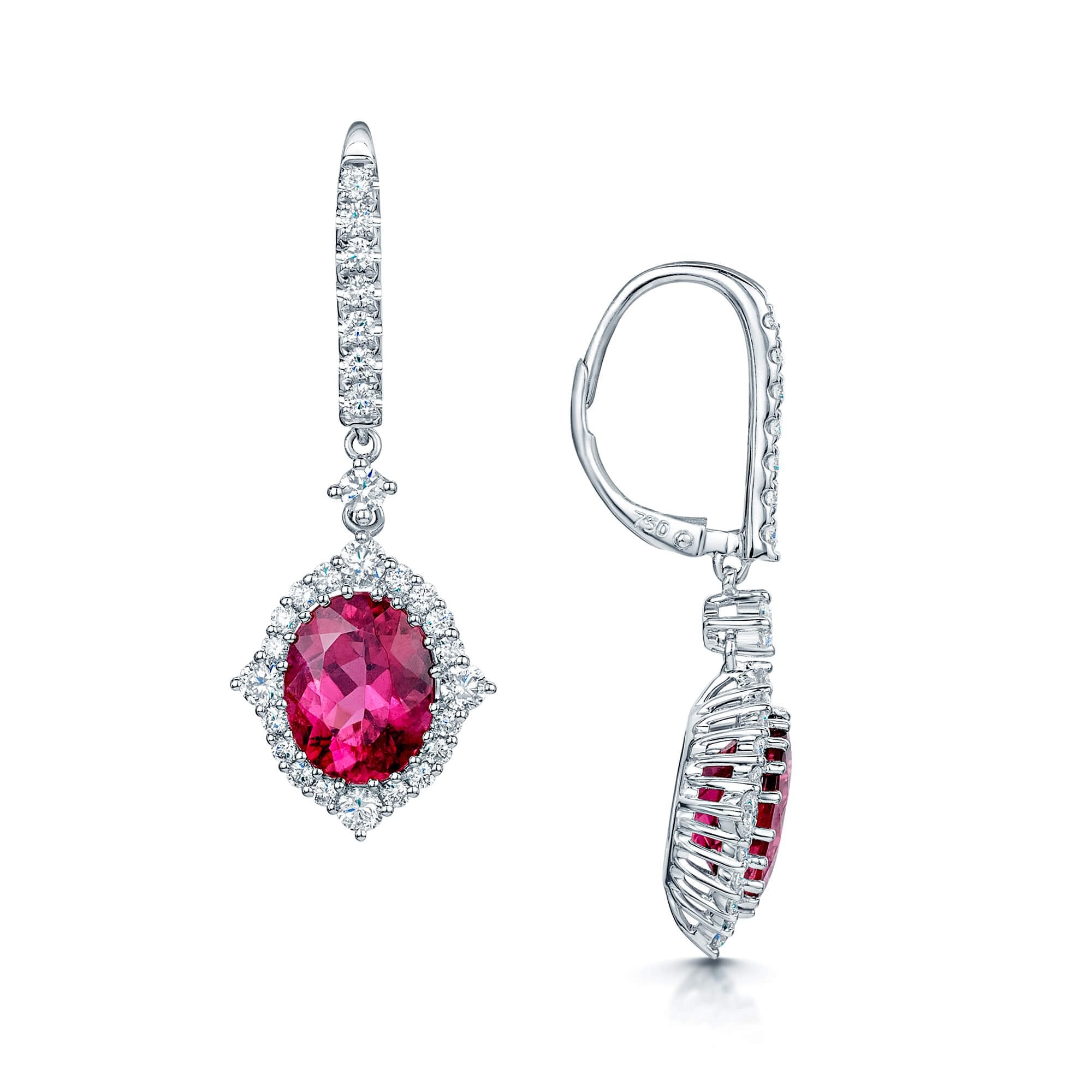 18ct White Gold Oval Rubelite And Diamond Cluster Drop Earrings With Diamond Fittings