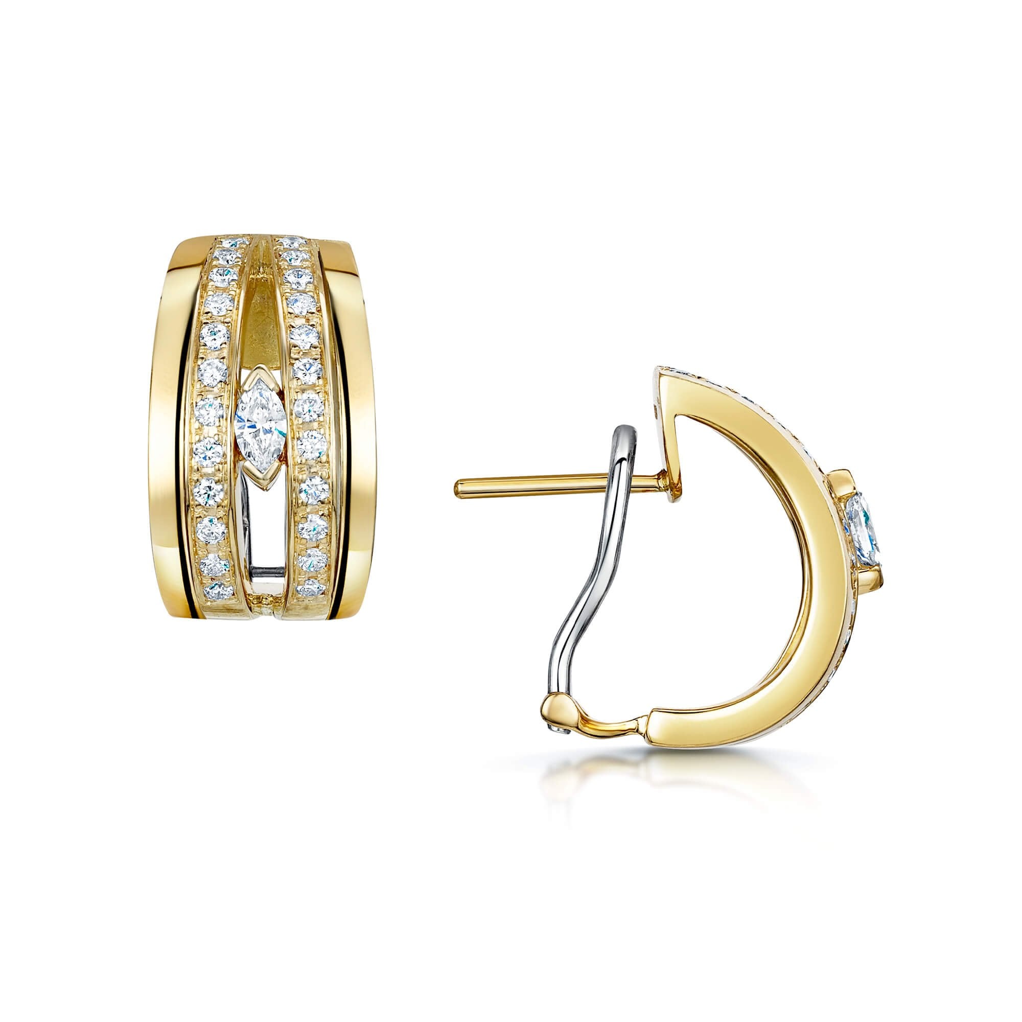 18ct Yellow Gold Marquise And Round Brilliant Cut Diamond Broad Half Hoop Earrings