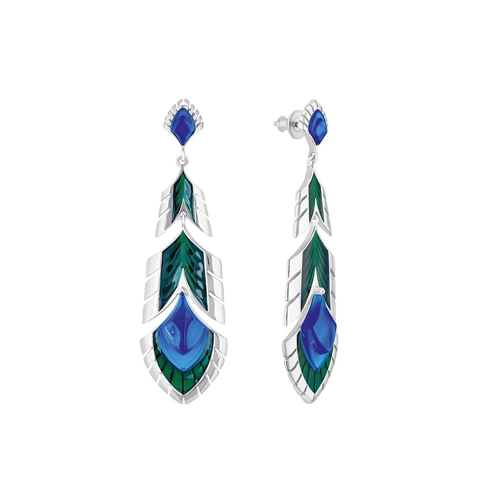 Paon Blue Crystal, Green Lacquer & Silver Drop Earrings