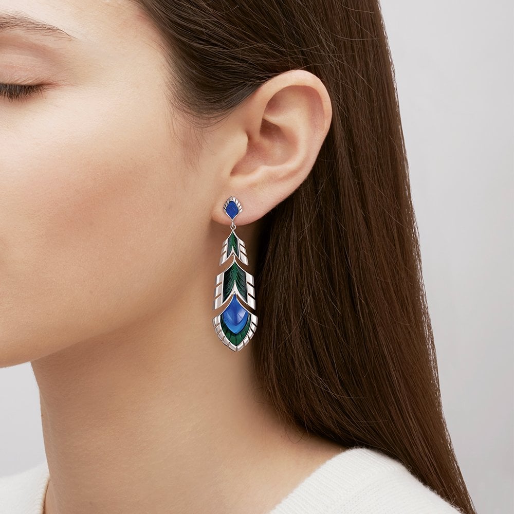 Paon Blue Crystal, Green Lacquer & Silver Drop Earrings