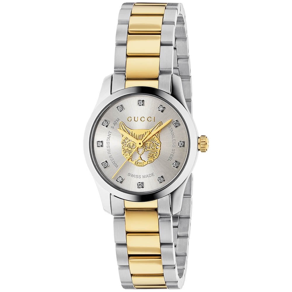 G-Timeless 27mm Silver Diamond Dot Feline Dial Ladies Two-Tone Bracelet Watch