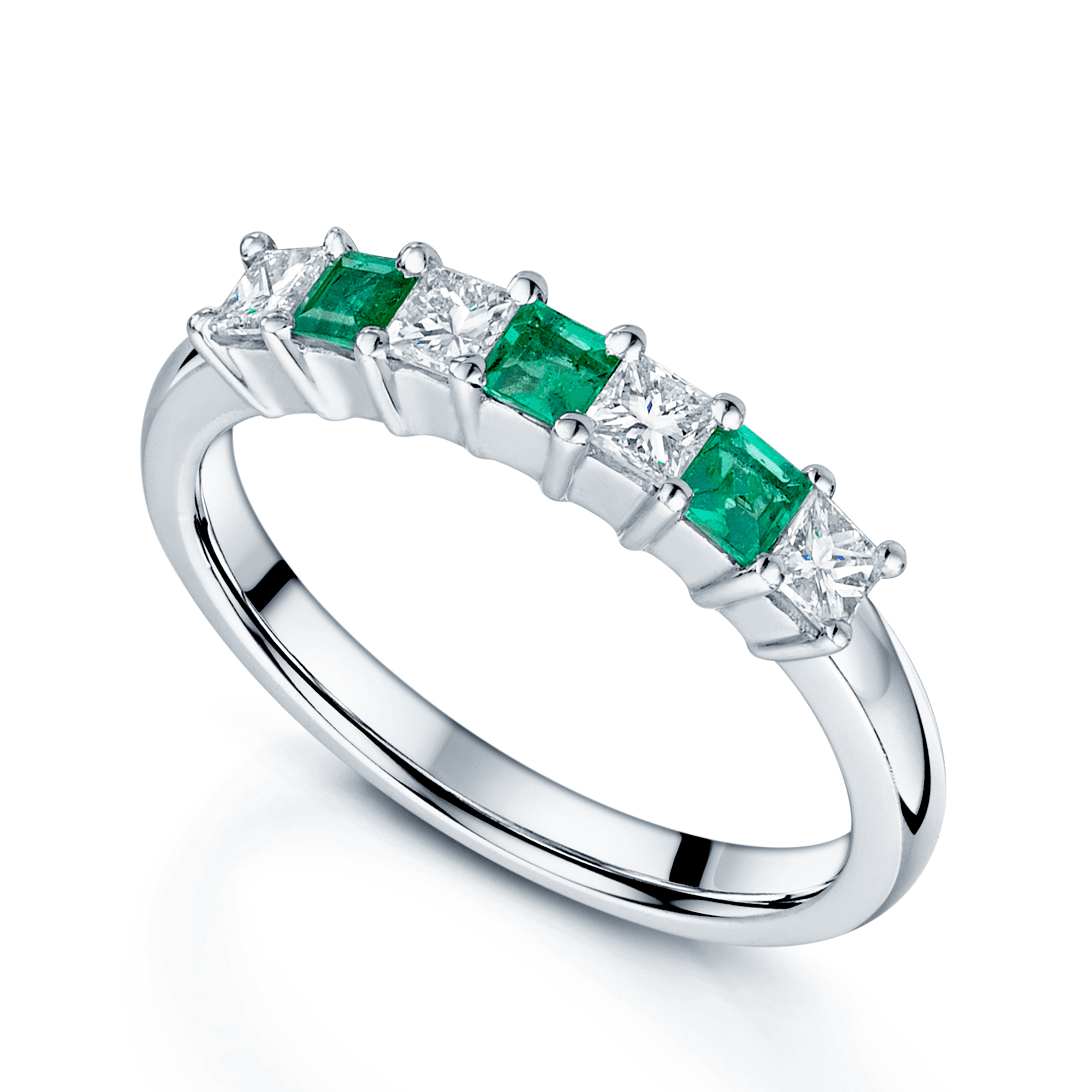Platinum Square Emerald And Princess Cut Diamond Claw Set Half Eternity Ring