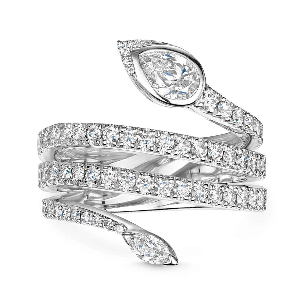 18ct White Gold Serpente Pear, Marquise And Round Brilliant Cut Diamond Spiral Pave Dress Ring