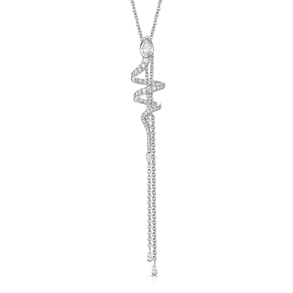 18ct White Gold Serpente Pear And Round Brilliant Cut Diamond Spiral Pave Necklet With Diamond Tassels