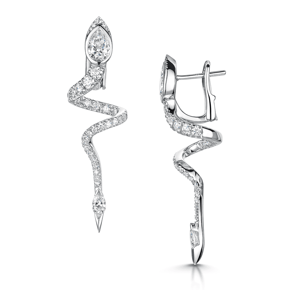 18ct White Gold Serpente Pear Marquise And Round Brilliant Cut Diamond Spiral Pave Drop Earrings