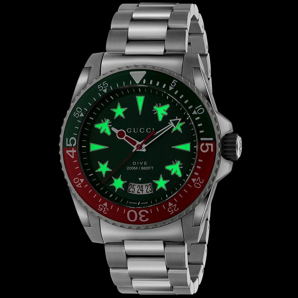 Gucci Dive 45mm Green Motif Dial Stainless Steel Bracelet Watch