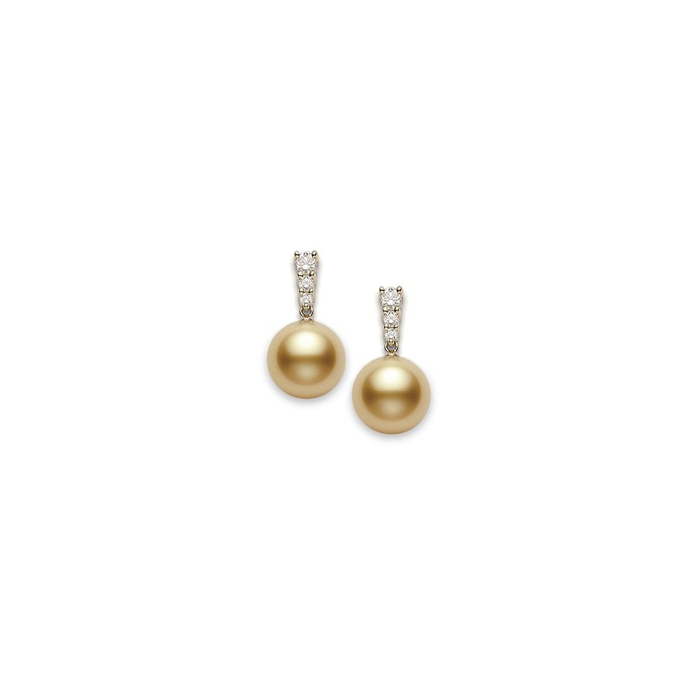 Morning Dew 18ct Yellow Gold Golden South Sea Pearl And Round Brilliant Cut Diamond Graduated Stud Earrings