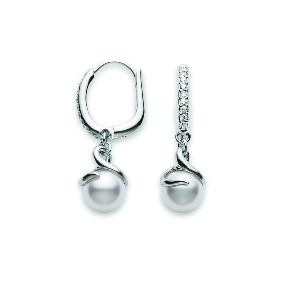 18ct white gold Cultured 7mm Pearl And Diamond Twist Drop Style Hoop Earrings