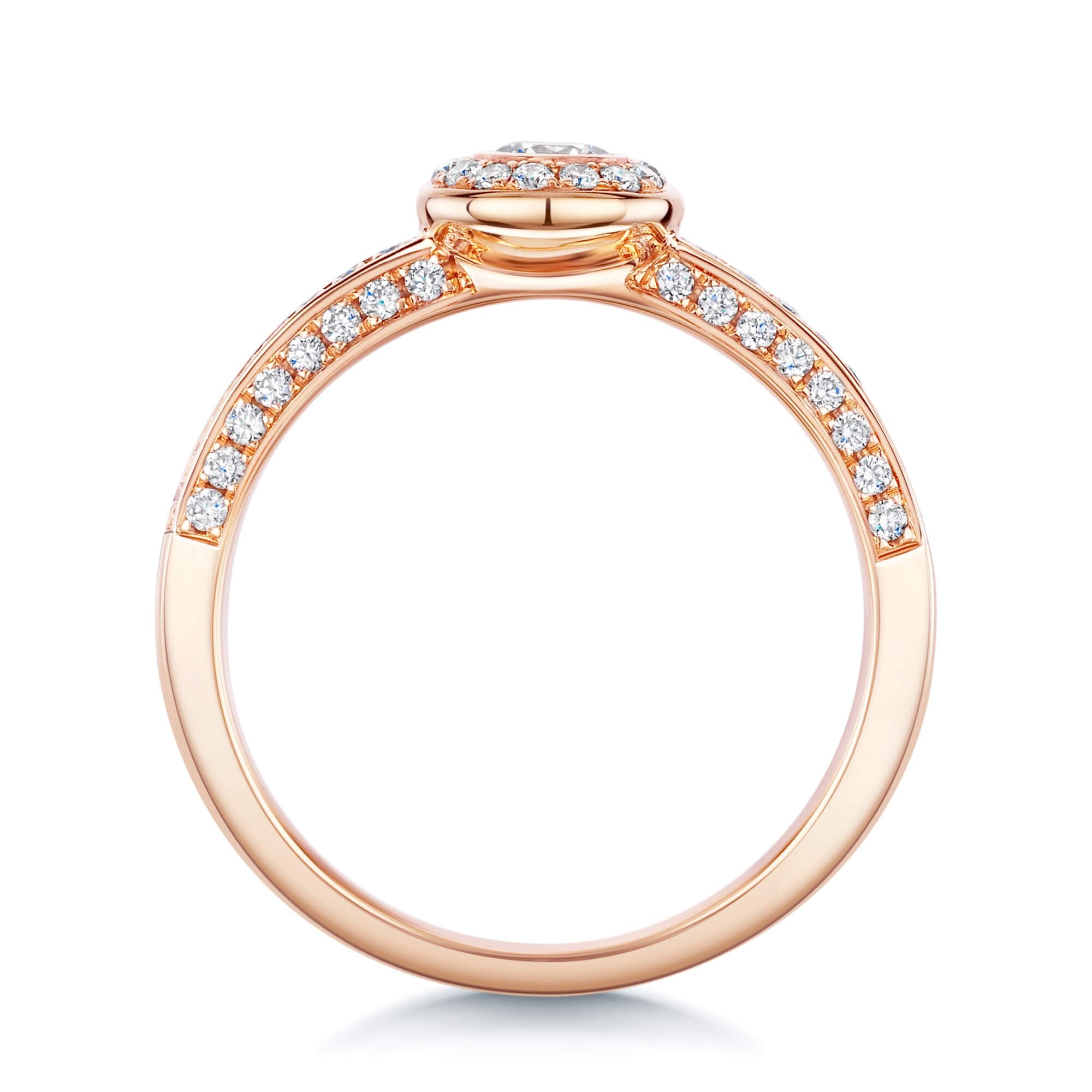 18ct Rose Gold Round Brilliant Cut Halo Diamond Ring With Diamond Set Shoulders