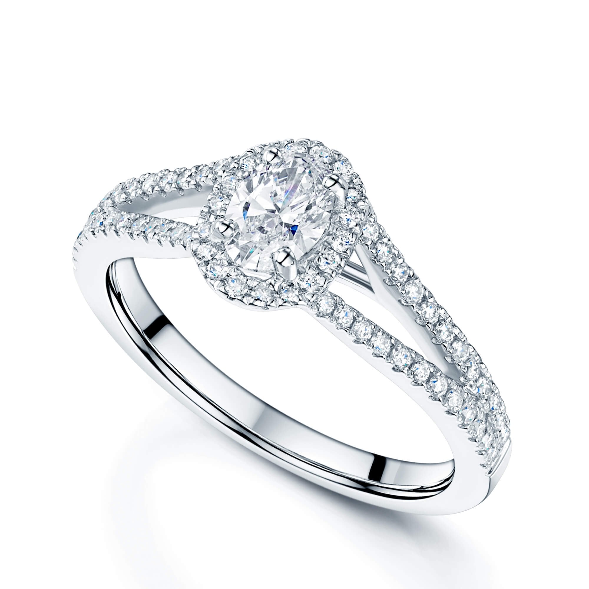 Platinum GIA Certificated Oval Cut Diamond Solitaire Halo Ring With Split Diamond Set Shoulders