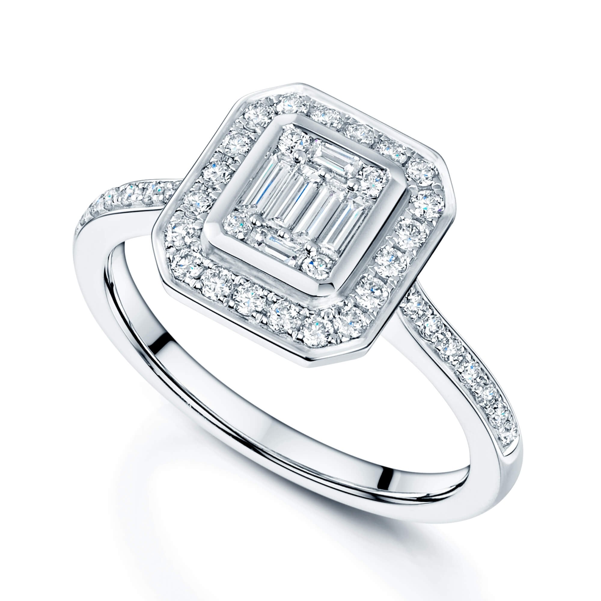 Platinum Round Brilliant And Baguette Cut Fancy Halo Diamond Ring With Diamond Shoulders
