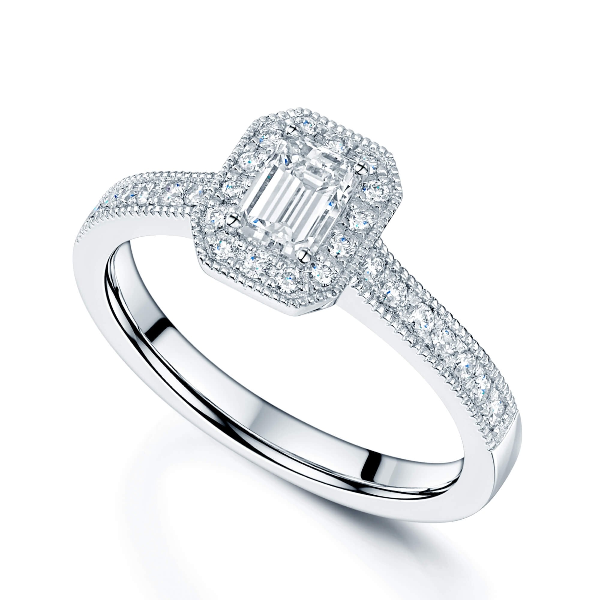 Platinum Emerald Cut Diamond Halo Ring With Millgrain Edge Round Brilliant Cut Diamond Shoulders