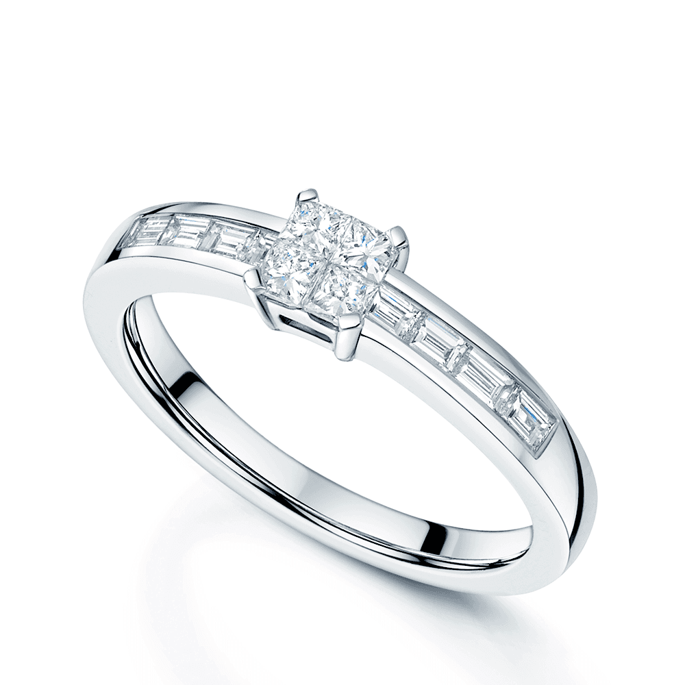 18ct White Gold Four Princess Cut Diamond Cluster Ring With Baguette Cut Diamond Channel Set Shoulders