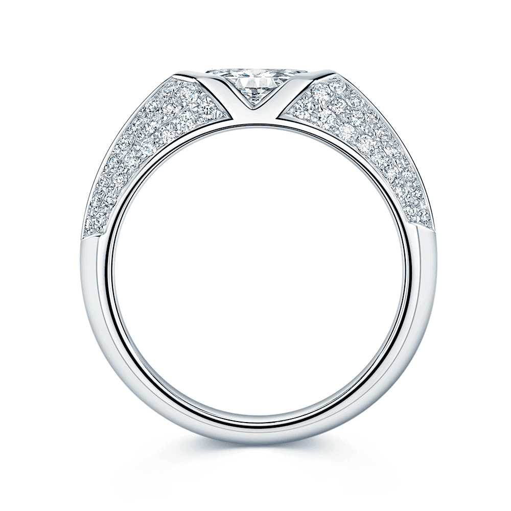 18ct White Gold  Cut Diamond Horizontally Marquise Tension Set Solitaire Ring With Pave Set Diamond Shoulders