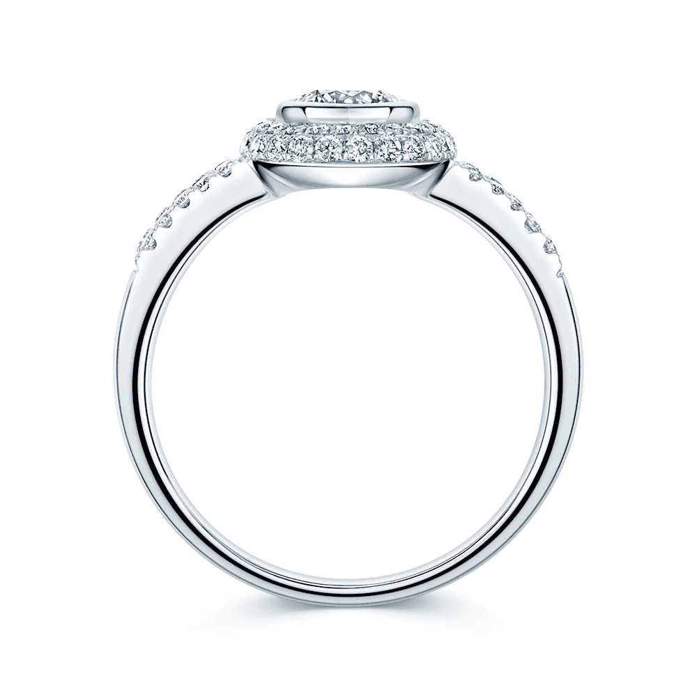 18ct White Gold Round Brilliant Cut 0.58 Carat Diamond Rub Over Set Single Stone Ring With Pave Surround And Shoulders