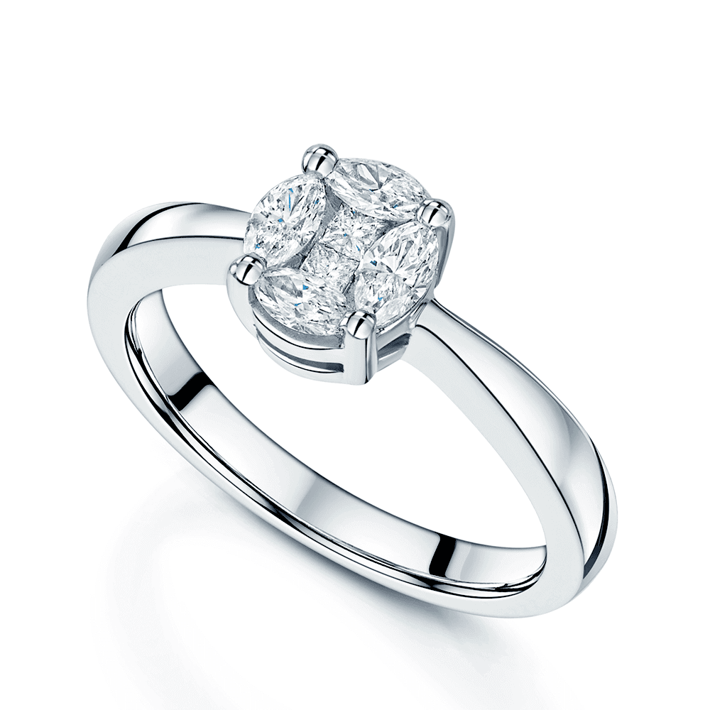 Platinum Princess Cut And Marquise Cut Diamond Oval Shape Cluster Ring