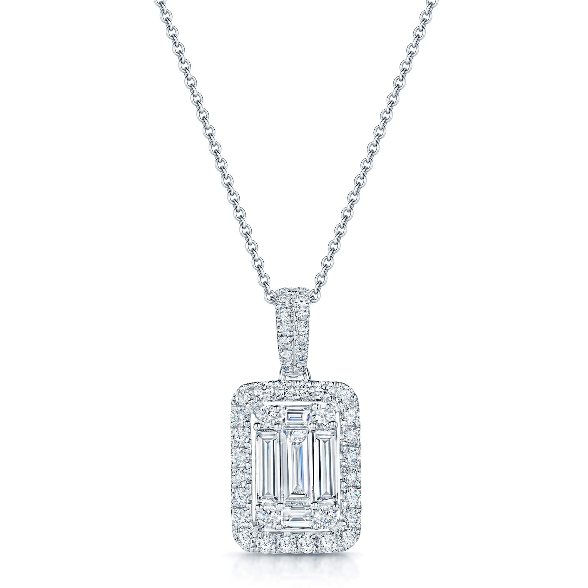 18ct White Gold Baguette And Round Brilliant Cut Diamond Halo Pendant With A Diamond Bale