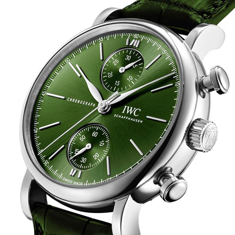 Portofino 39mm Green Dial Chronograph Leather Strap Watch