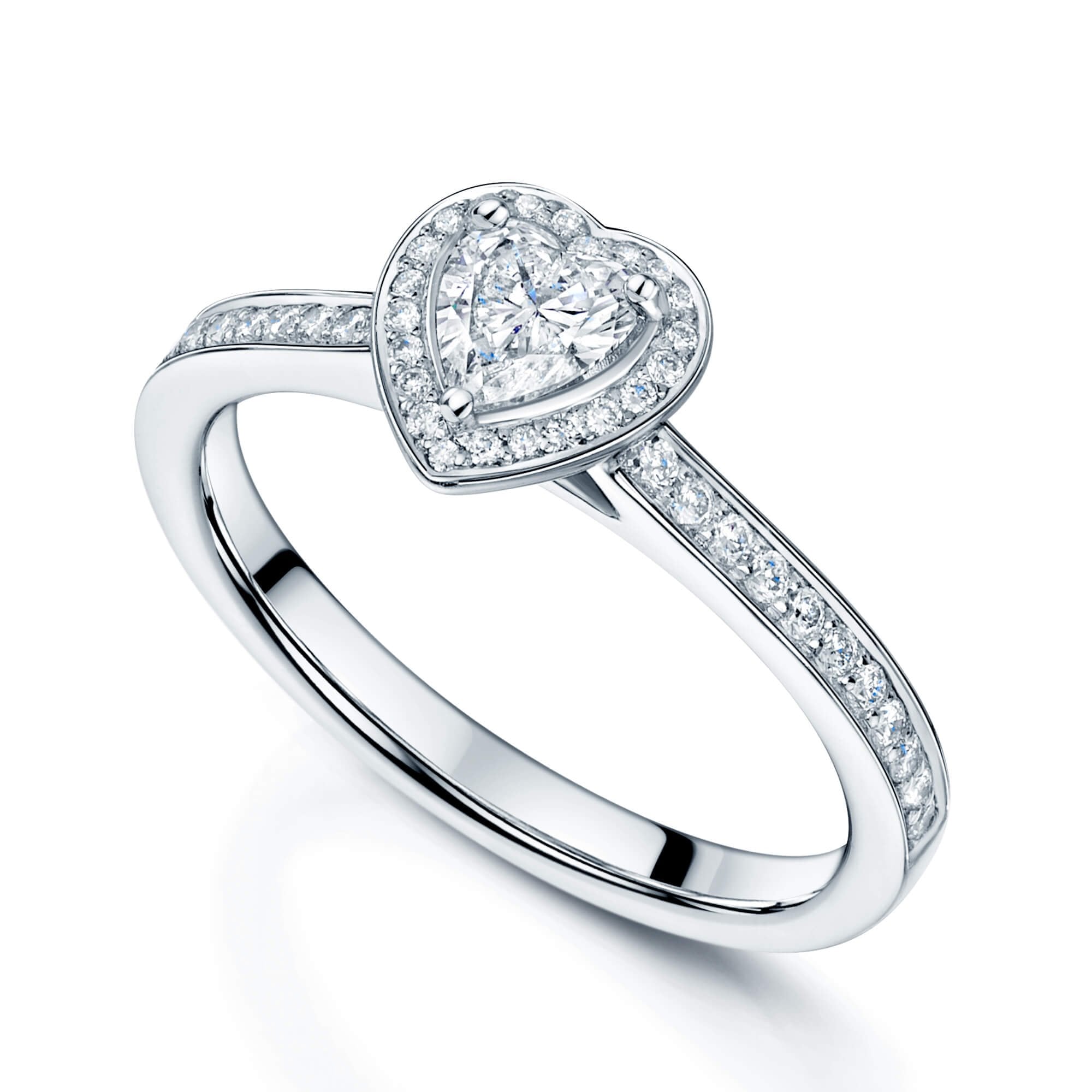 Platinum Heart Shaped Diamond Halo Ring With Diamond Shoulders