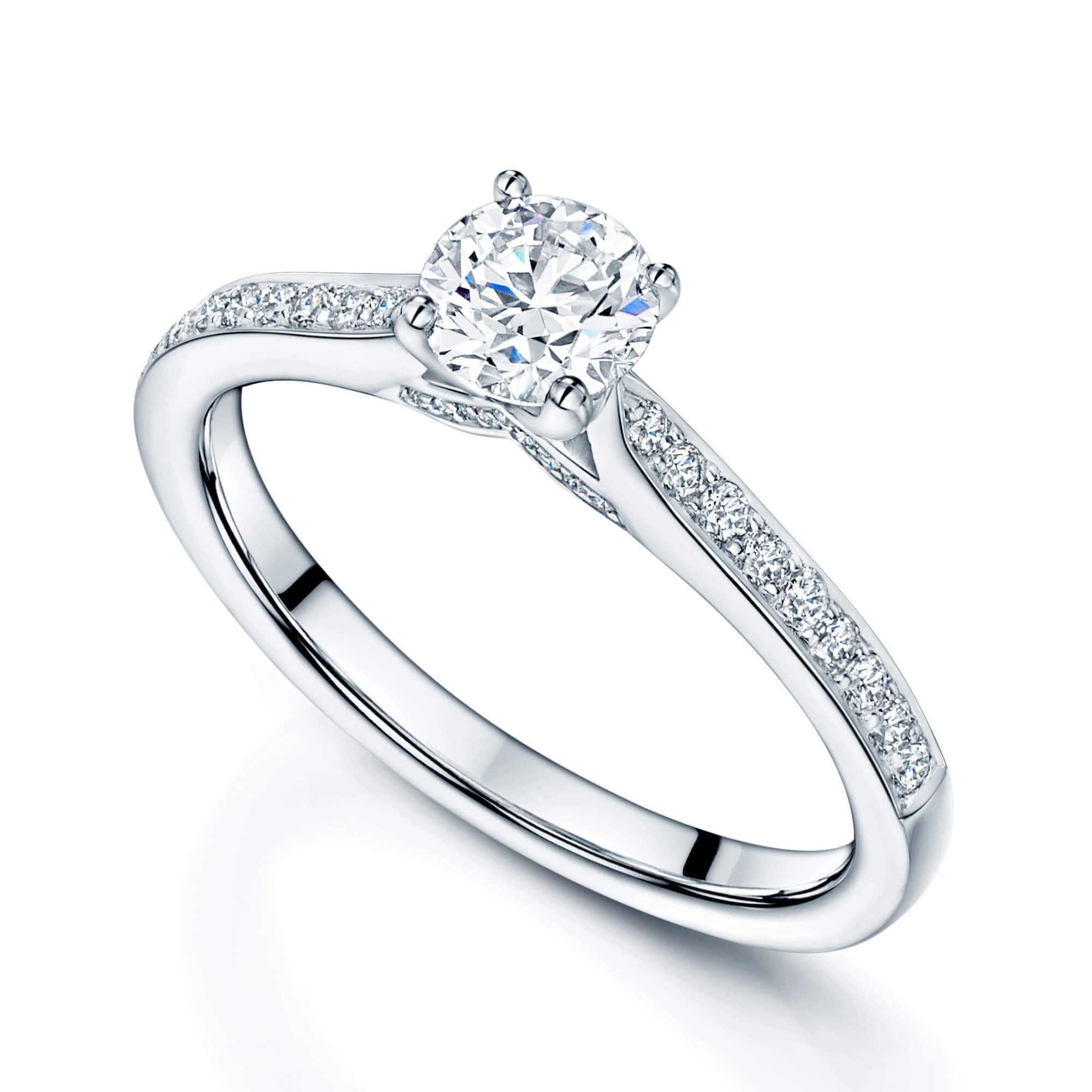 Platinum GIA Certificated Round Brilliant Cut Diamond Ring With Diamond Underbezel And Shoulders