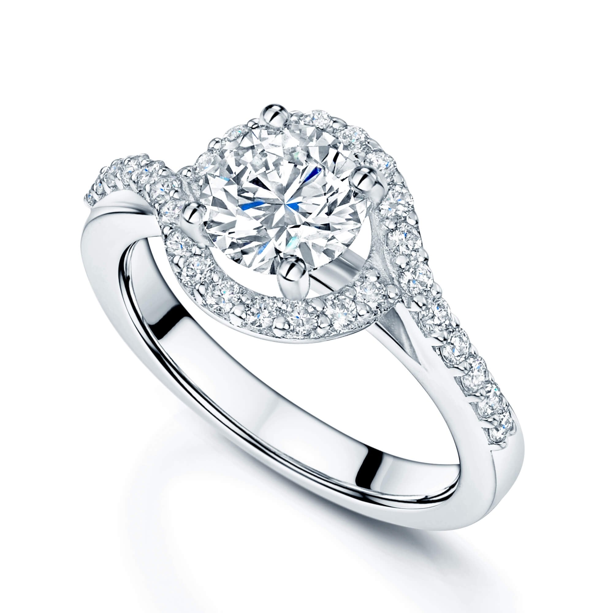 Platinum GIA Certificated Round Brilliant Cut Diamond Ring With Twist Diamond Shoulders