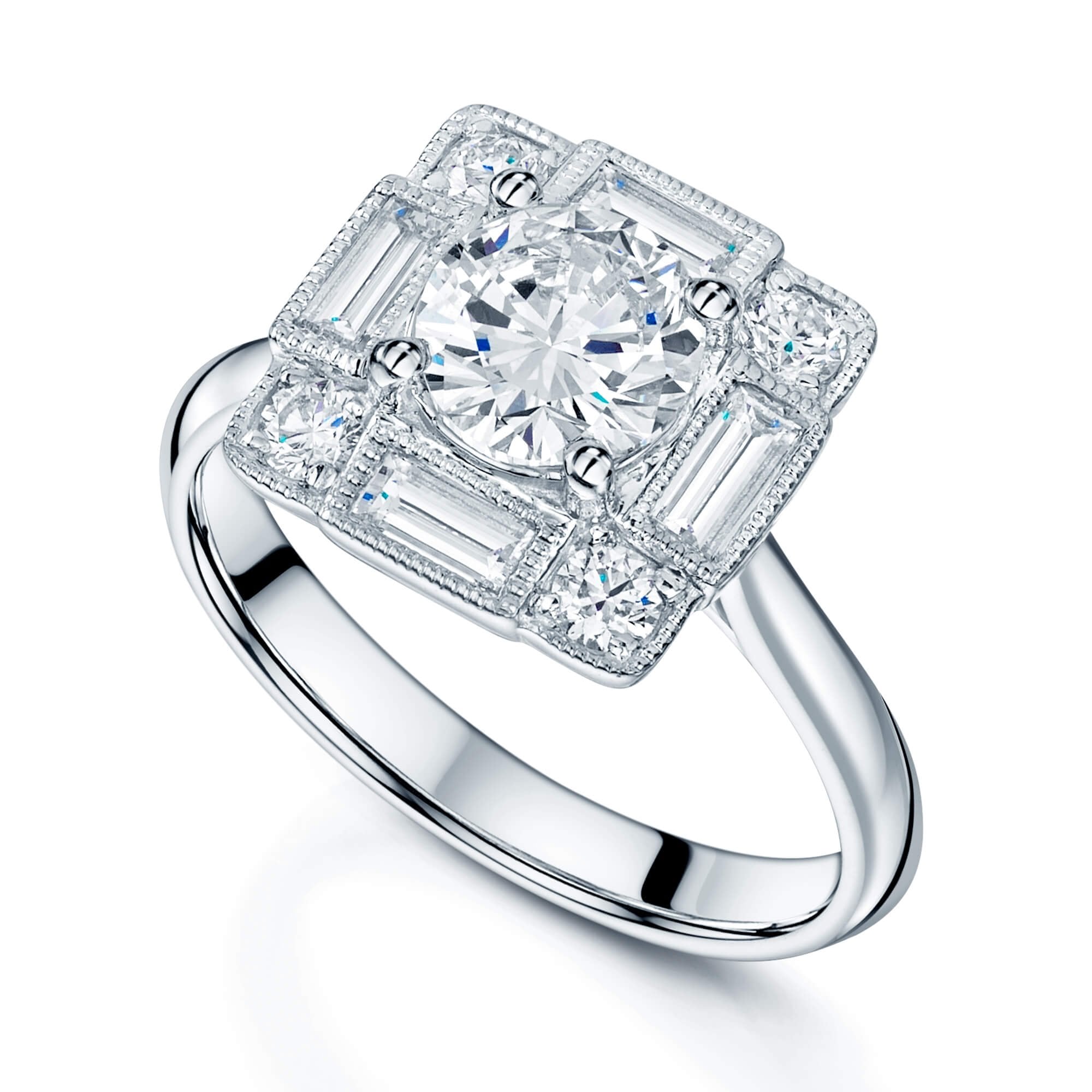 Platinum GIA Certificated Round Brilliant Cut Square Cluster Ring With Baguette And Round Brilliant Cut Diamonds In A Millgrain Surround
