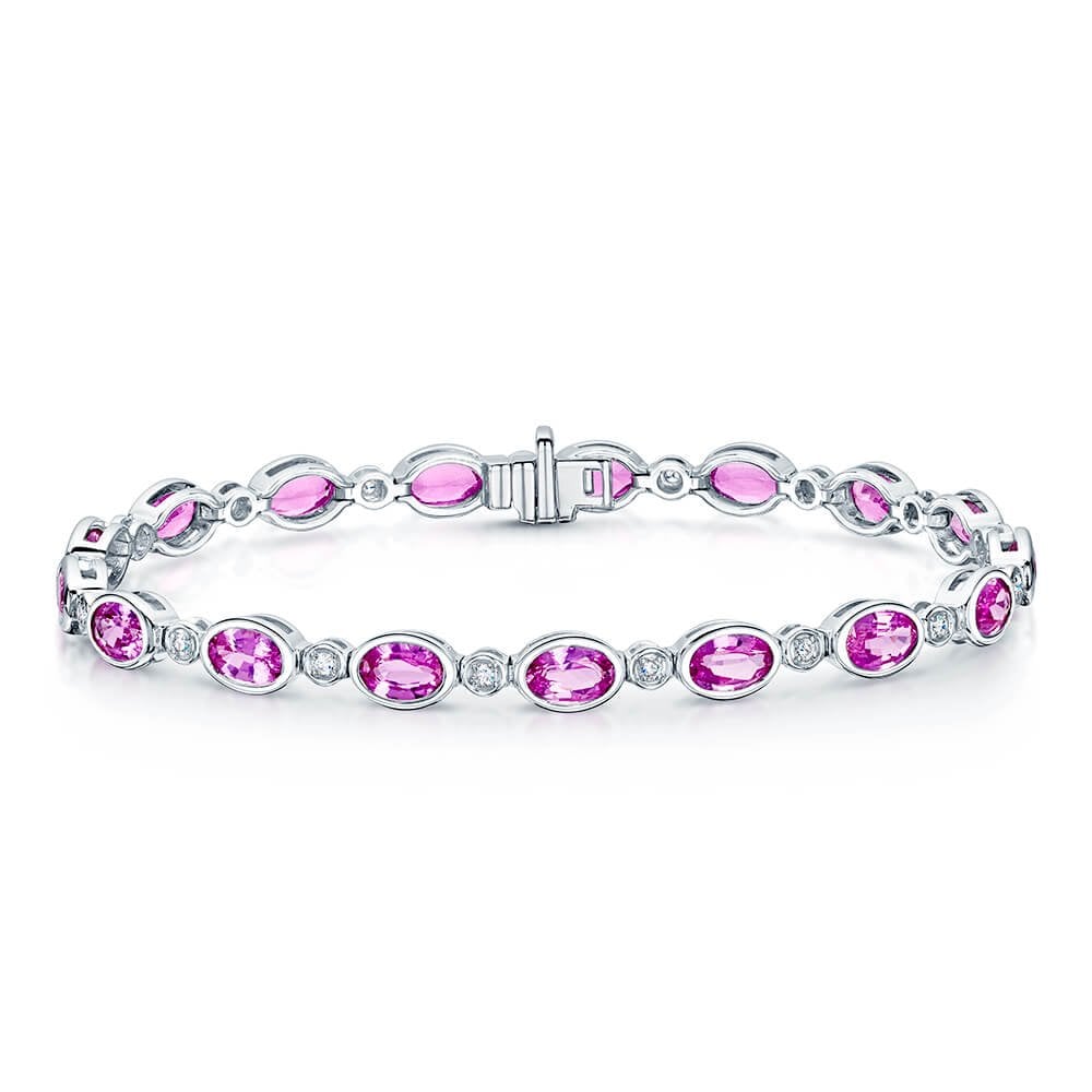 18ct White Gold Oval Pink Sapphire & Diamond Rubover Set Line Bracelet