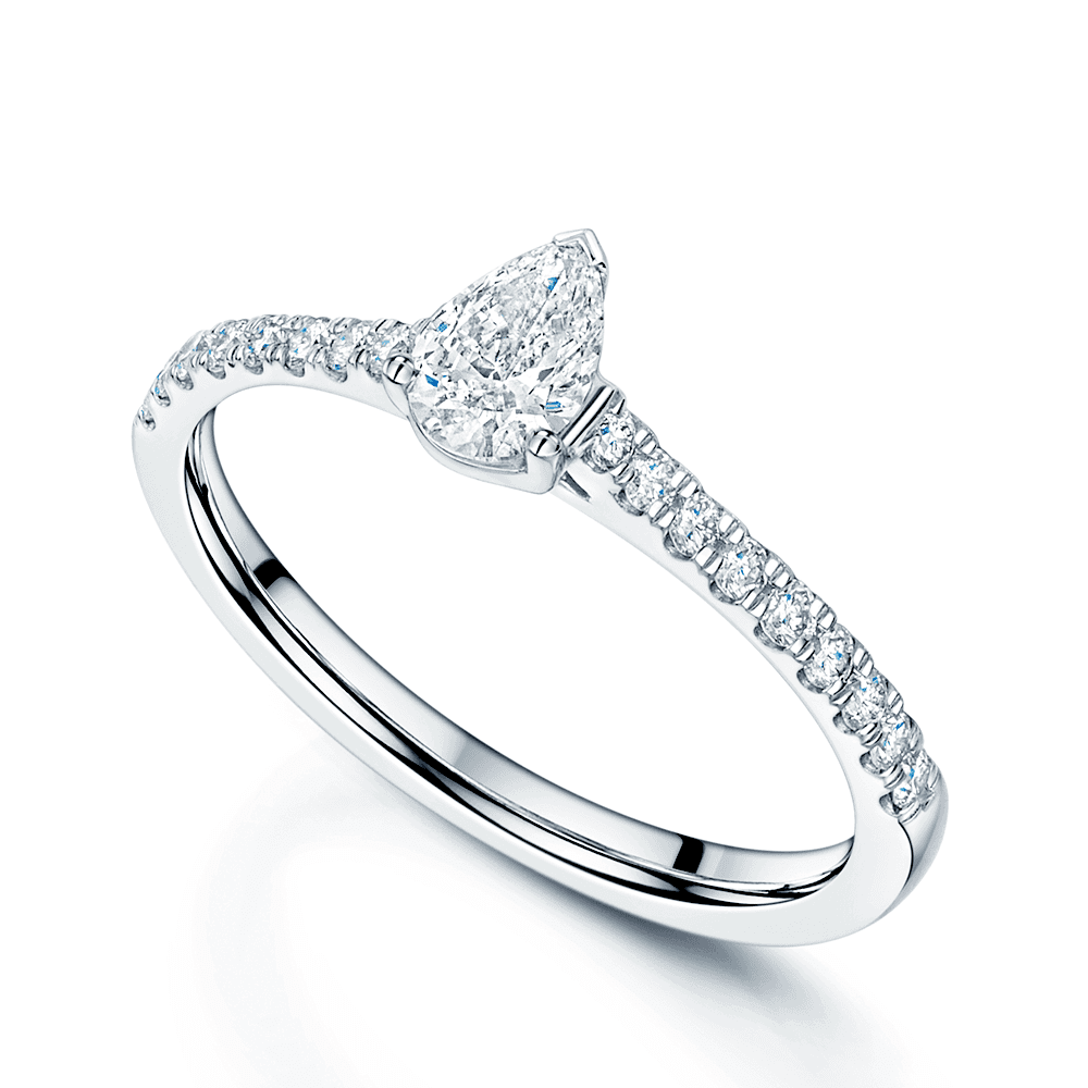 Platinum Pear Cut Single Stone Diamond Ring With Round Brilliant Cut Diamond Shoulders
