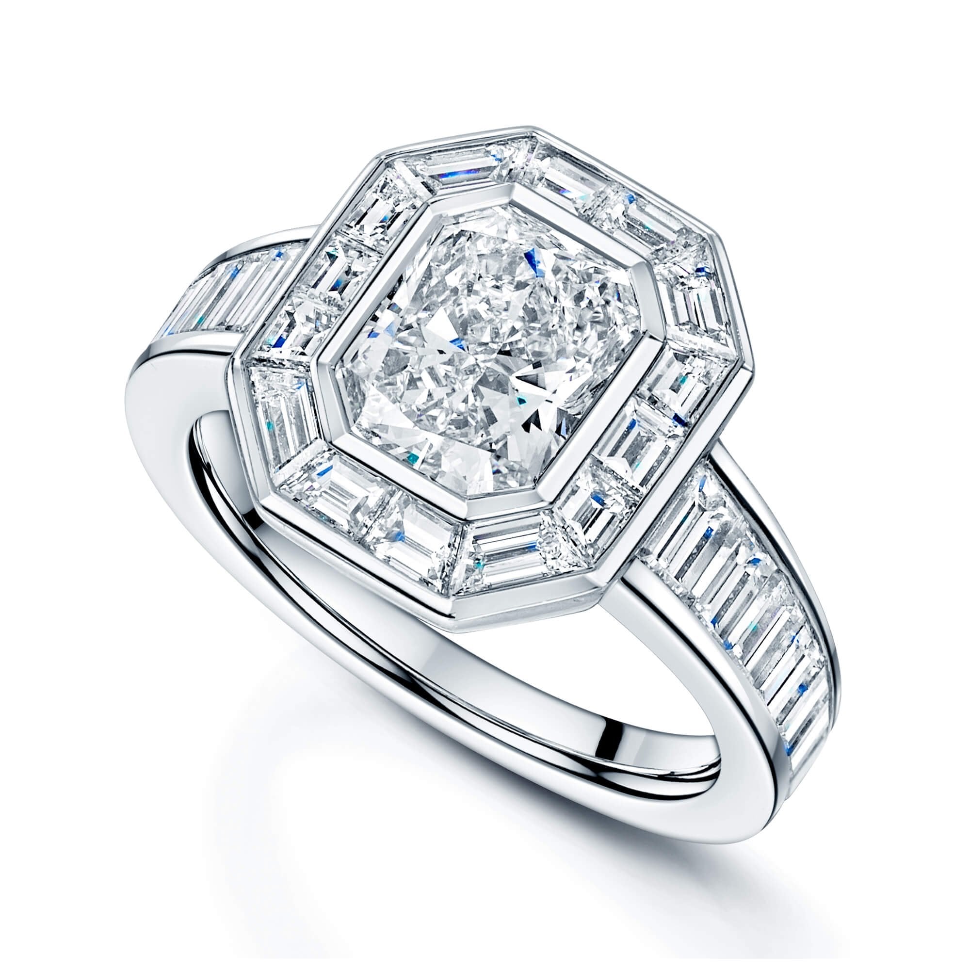 Platinum Radiant And Baguette Cut Rub Over Fancy Ring With Baguette Cut Diamond Channel Set Shoulders