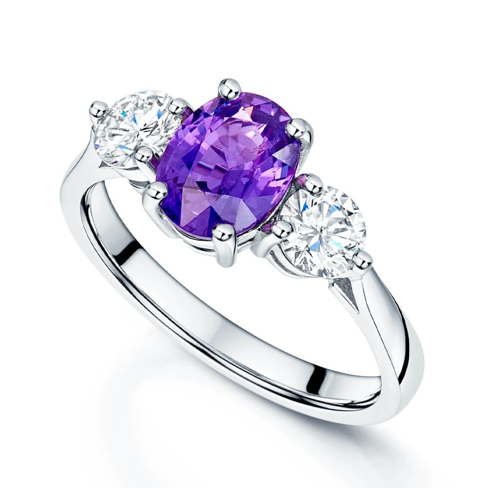 Platinum Oval Purple Sapphire & Diamond Three Stone Ring