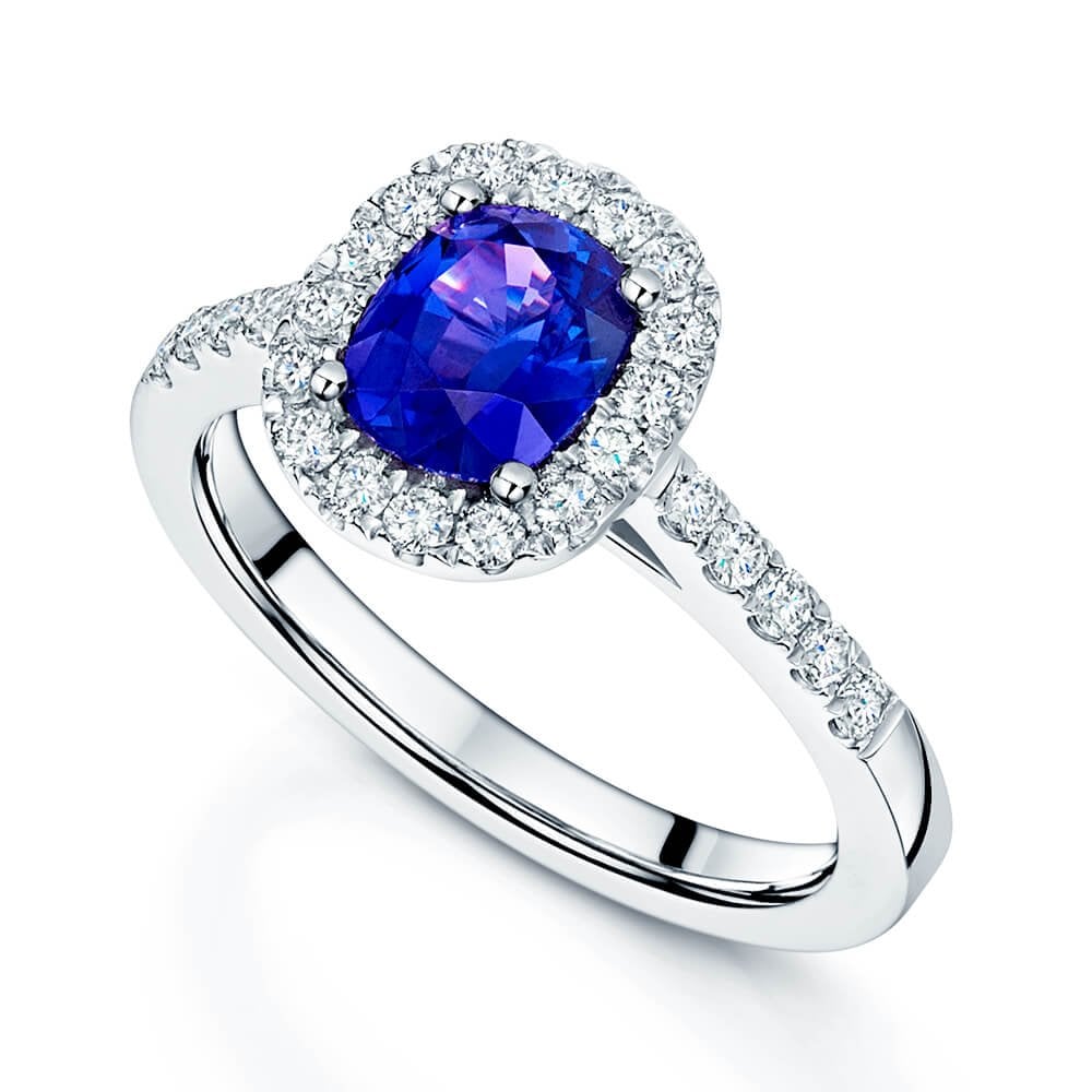 Platinum Oval Purple Sapphire Diamond Halo Ring With Diamond Set Shoulders