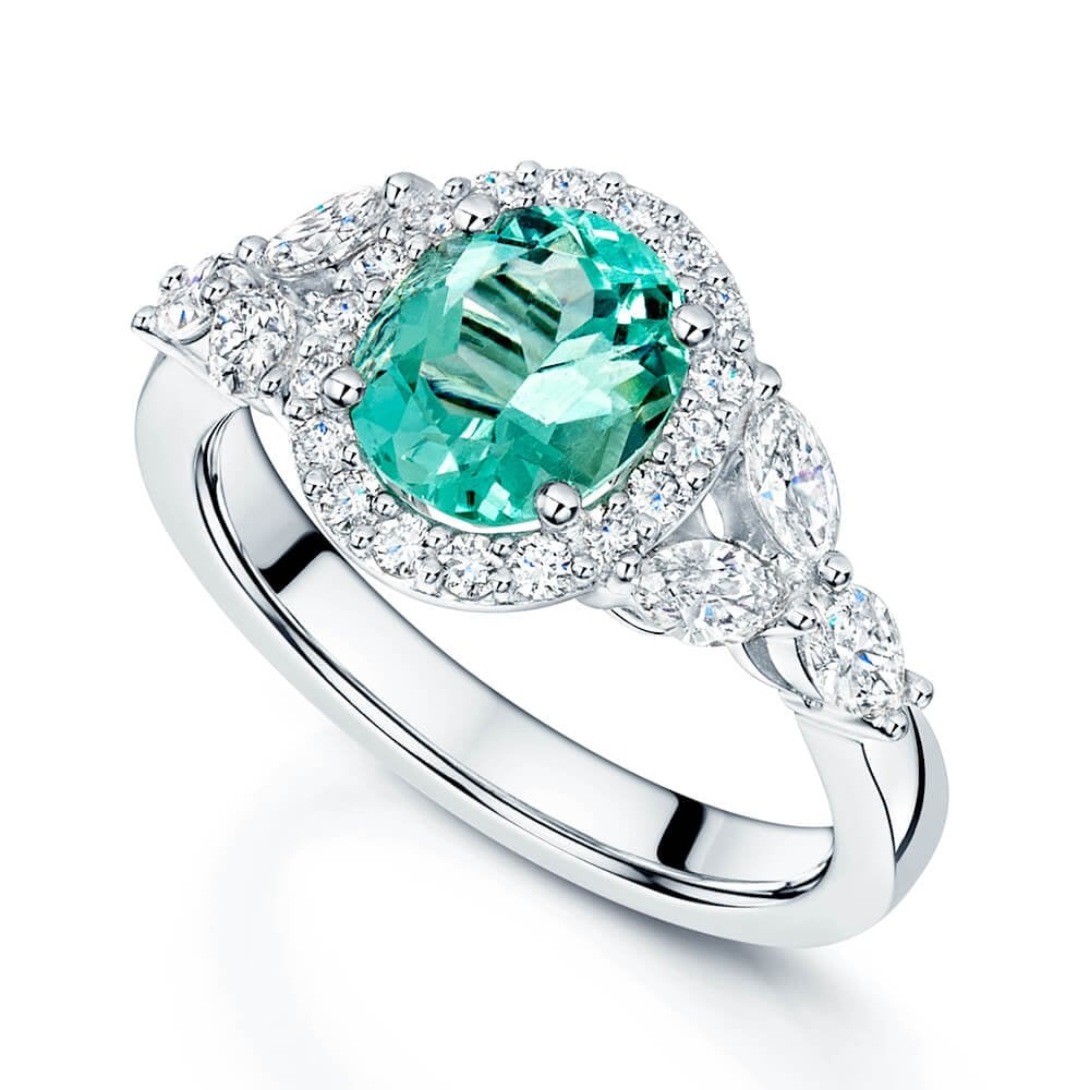 Platinum Oval Cut Green Beryl & Marquise & Round Brilliant Cut Diamond Cluster Ring