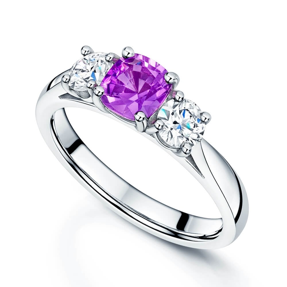 Platinum Cushion Shape Purple Sapphire & Diamond Three Stone Ring