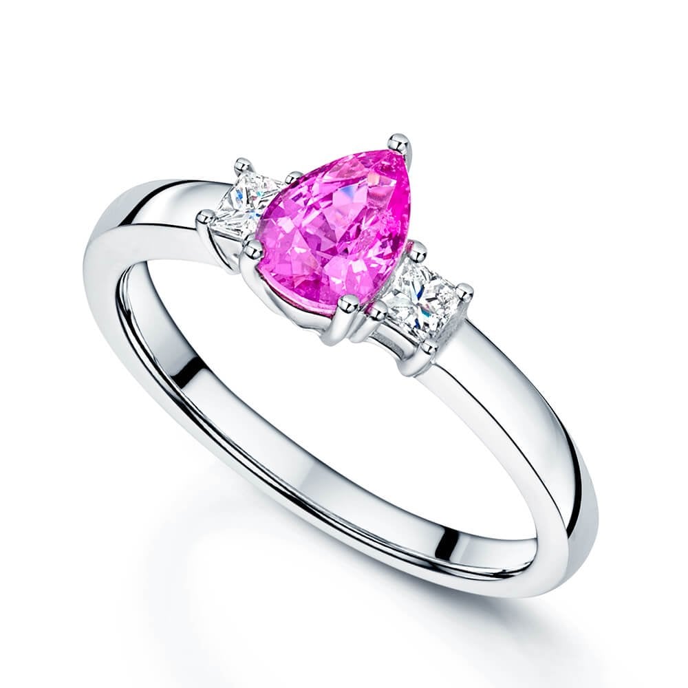 18ct White Gold Pear Cut Pink Sapphire & Princess Cut Diamond Three Stone Ring
