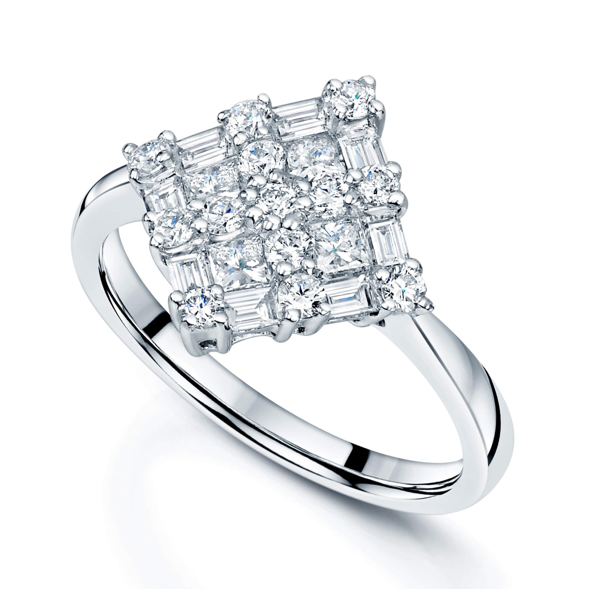 Platinum Princess Cut, Baguette Cut & Round Brilliant Cut Diamond Cluster Ring