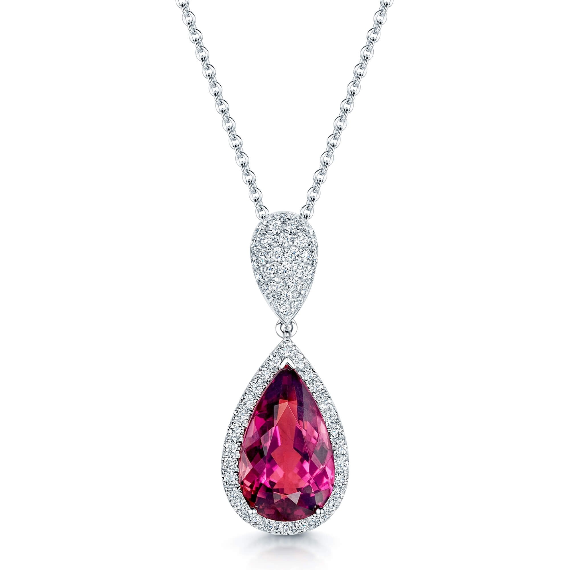 18ct White Gold Pear Shaped Rubellite and Diamond Halo Pendant with Fancy Bale