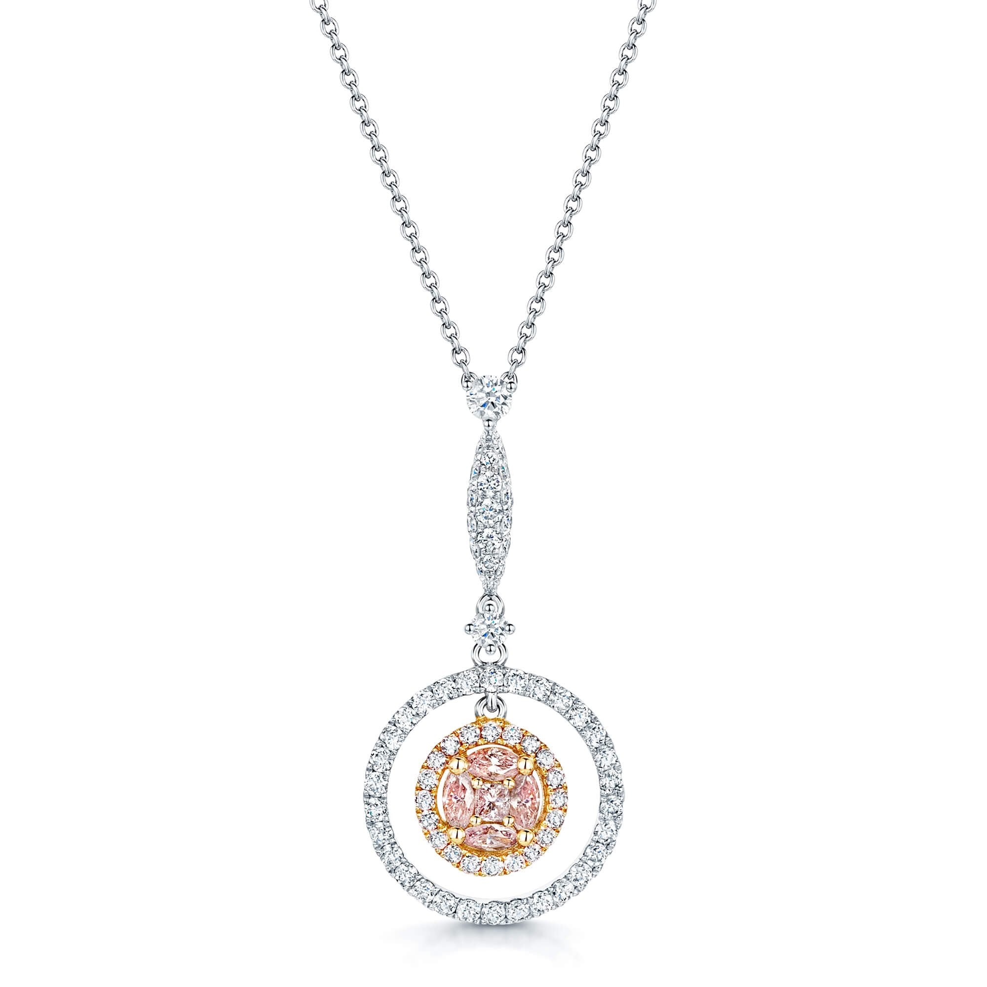 18ct White & Rose Gold Pink Diamond Pendant with Double Diamond Surround