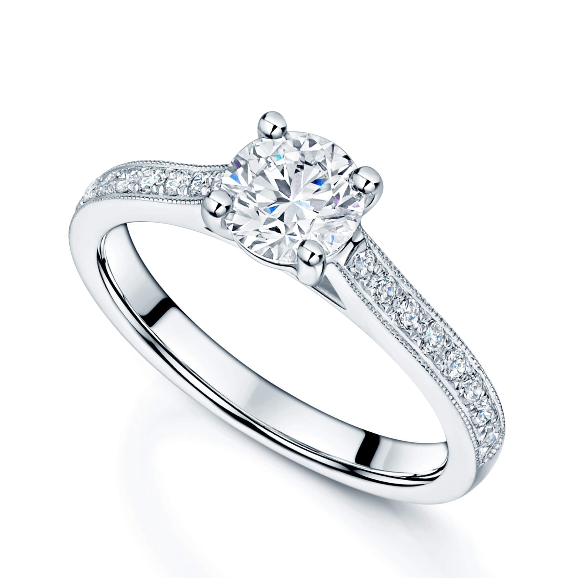 Platinum GIA Certificated Round Brilliant Cut Solitaire Ring With Diamond Set Shoulders