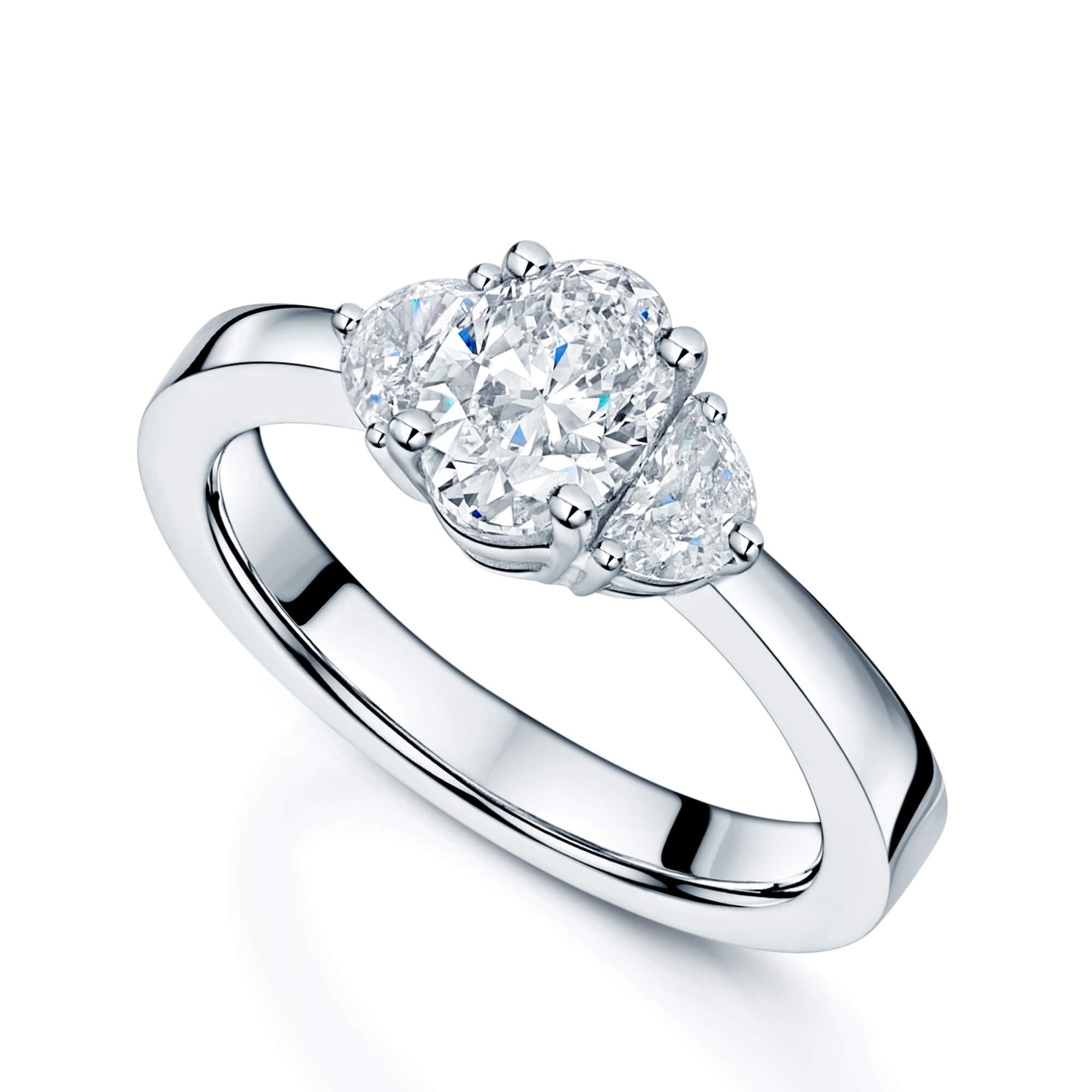 Platinum GIA Certificated Oval Cut Diamond Three Stone Ring With Half Moon Diamond Shoulders