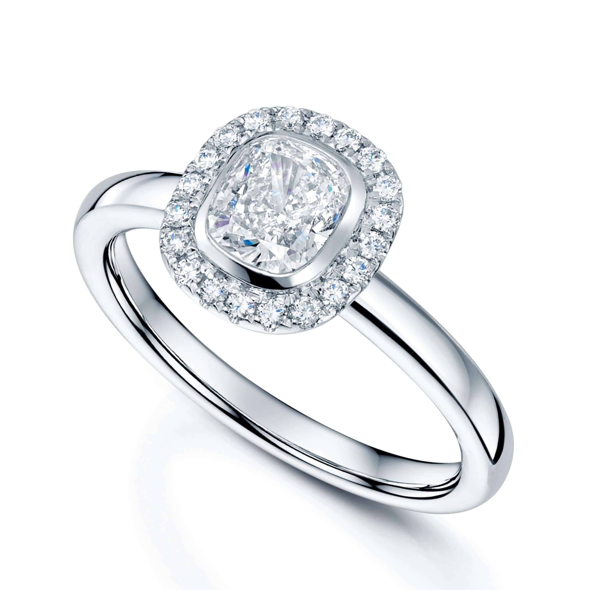 Platinum GIA Certificated Cushion Cut Diamond Halo Ring With A Rub Over Centre