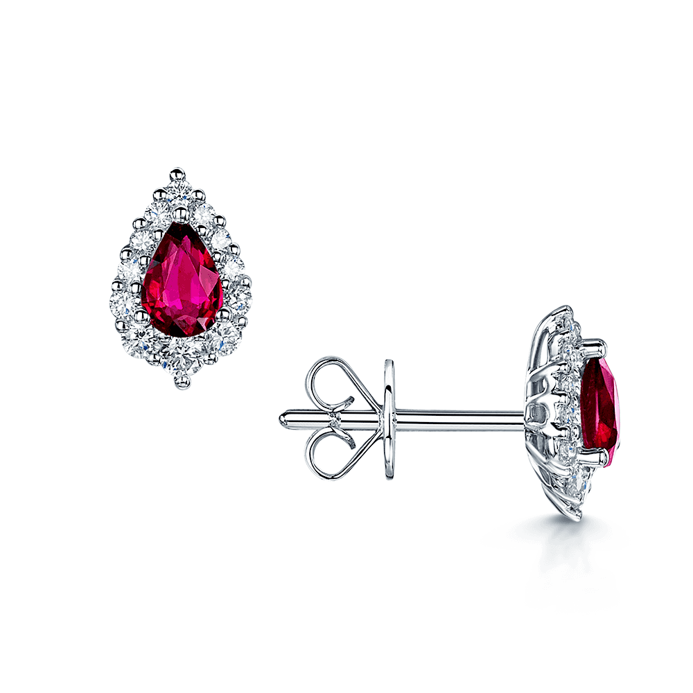 18ct White Gold Pear Shaped Ruby And Diamond Halo Stud Earrings