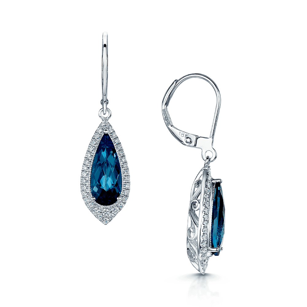 18ct White Gold Pear Shaped London Blue Topaz Drop Earrings With Pave Diamond Surround