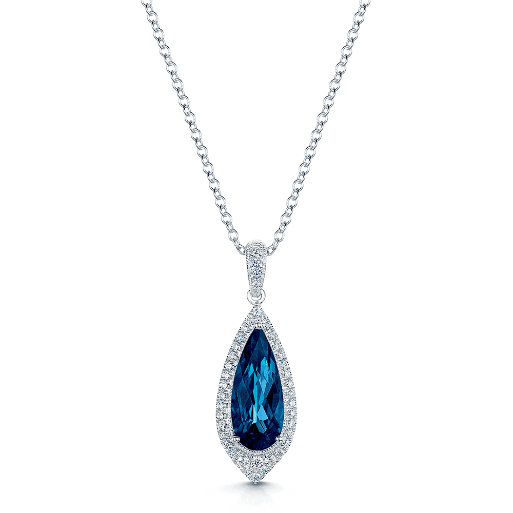 18ct White Gold Pear Shaped London Blue Topaz Pendant With Pave Diamon