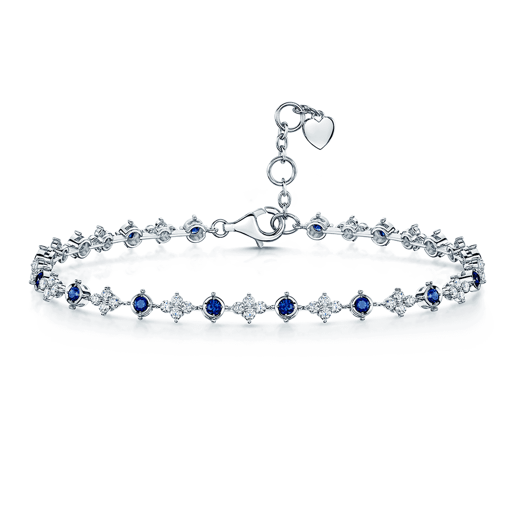 18ct White Gold Diamond And Sapphire Flower Line Bracelet