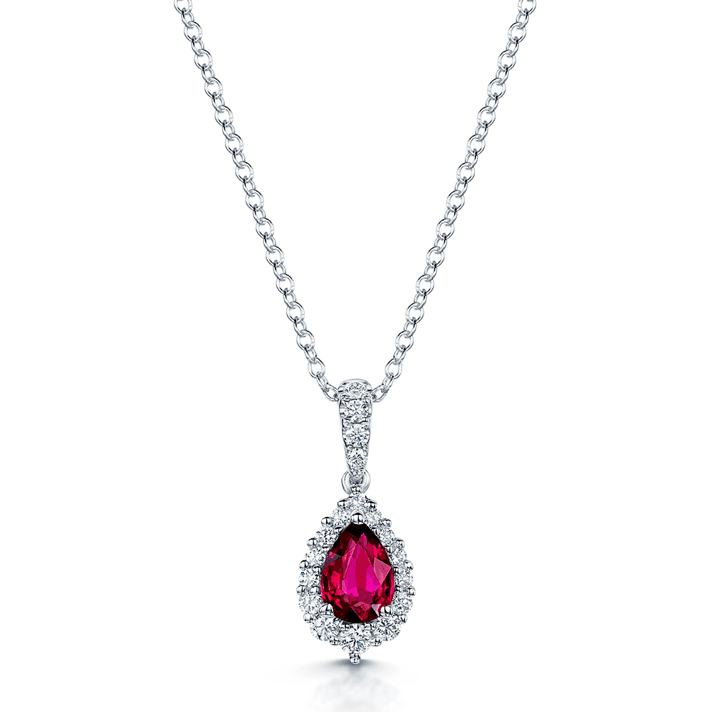 18ct White Gold Pear Shaped Ruby And Diamond Halo Pendant