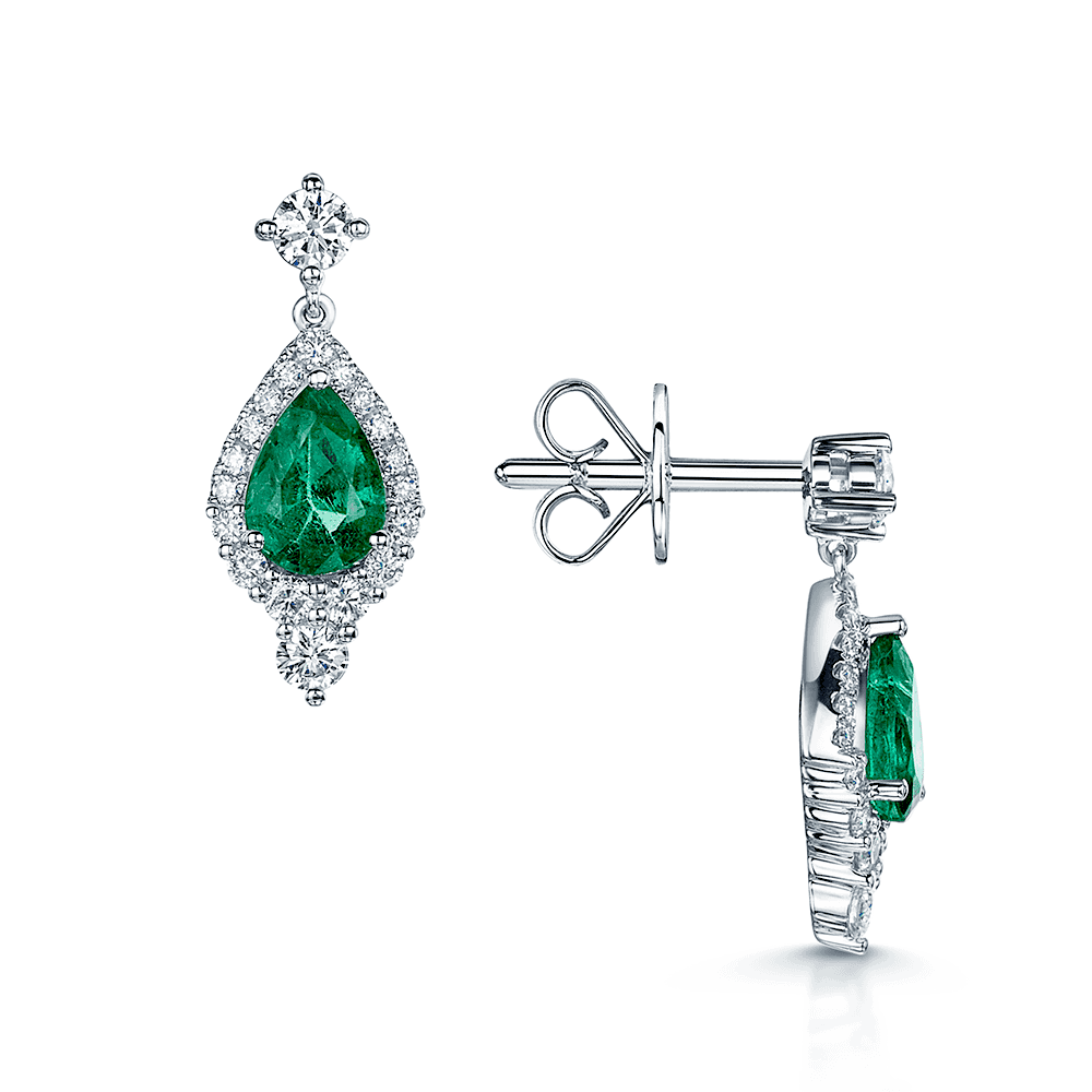 18ct White Gold Pear Shaped Emerald And Diamond Vintage Halo Drop Earrings